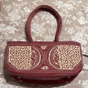 Red and Cream Embroidered Handbag